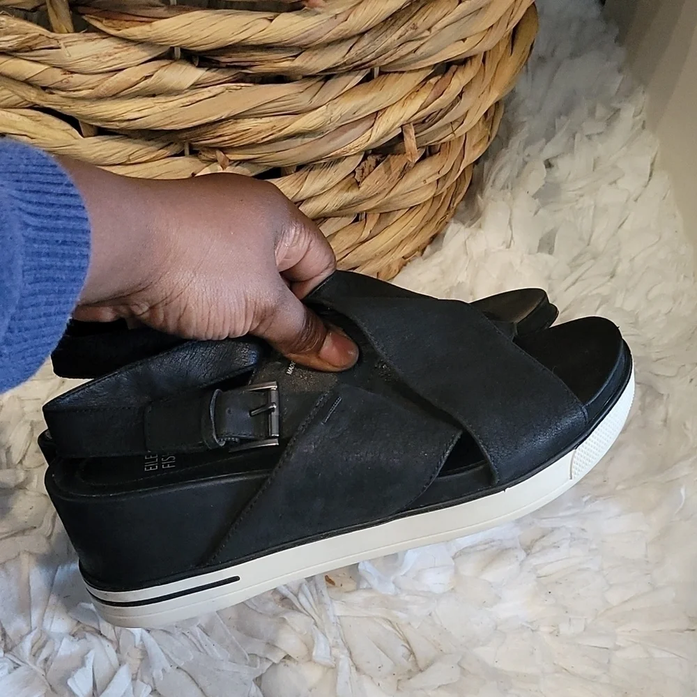 Eileen fisher Criss Cross Tumbled Leather Wedges Slingback Summer Shoes Size 8